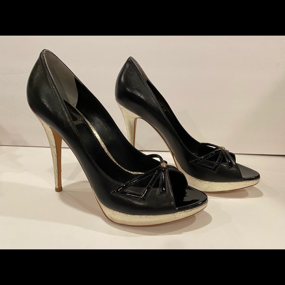 Christian Dior open toe pumps heels leather coated cork black pale gold 39 - Picture 3 of 13